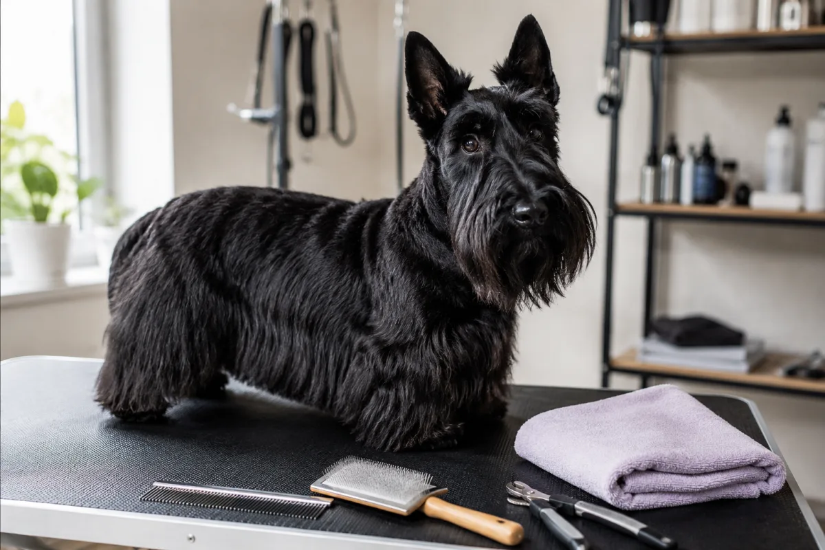 Scottish Terrier grooming tools beside wiry coat