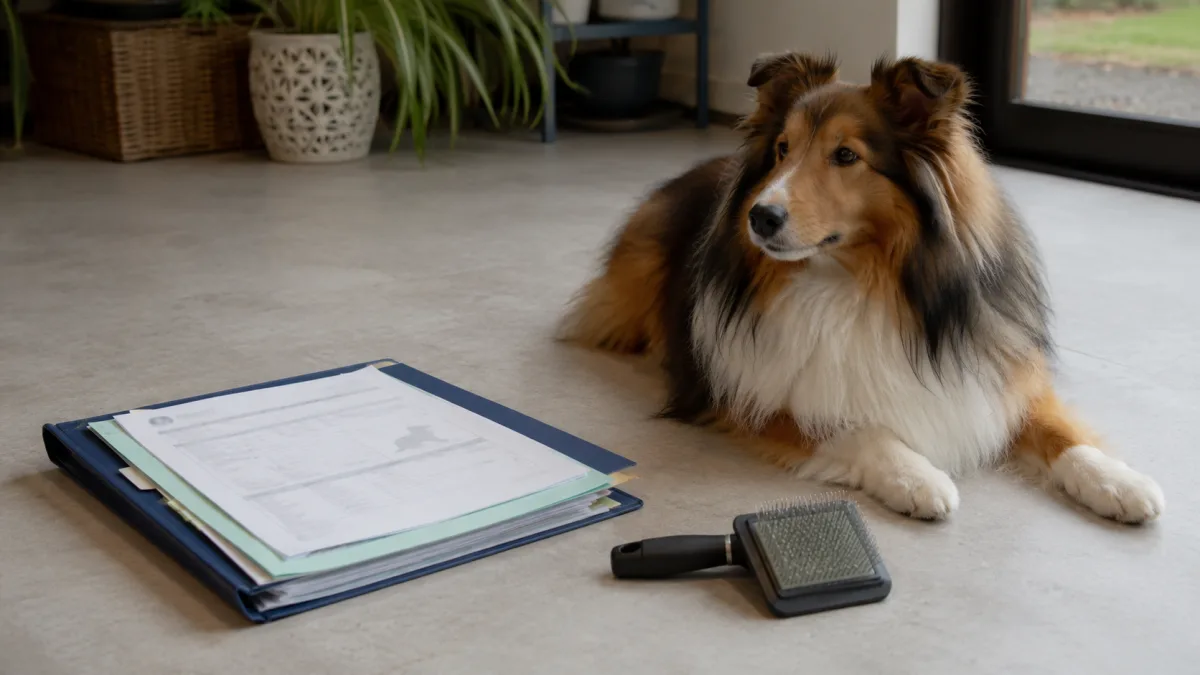 Shetland Sheepdog health paperwork beside a grooming brush