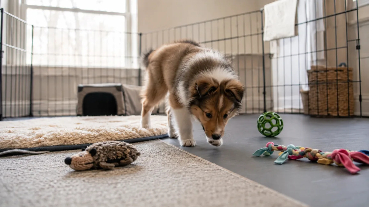 Sheltie puppy calmly exploring a supervised home setup