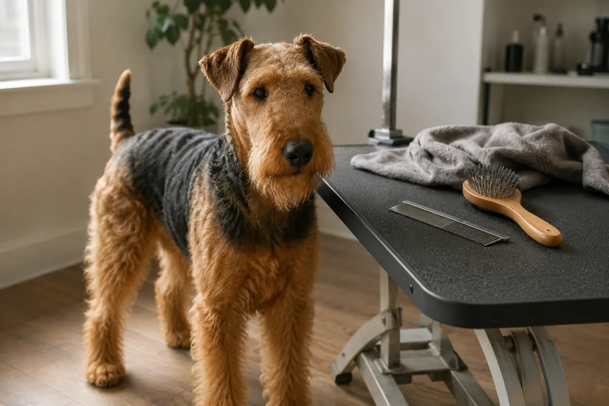 Airedale Terrier coat grooming tools on a table