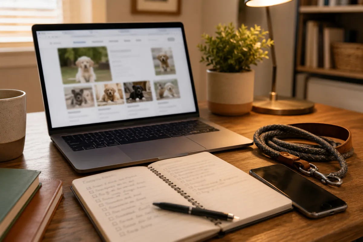 Prospective dog owner reviewing breeder questions