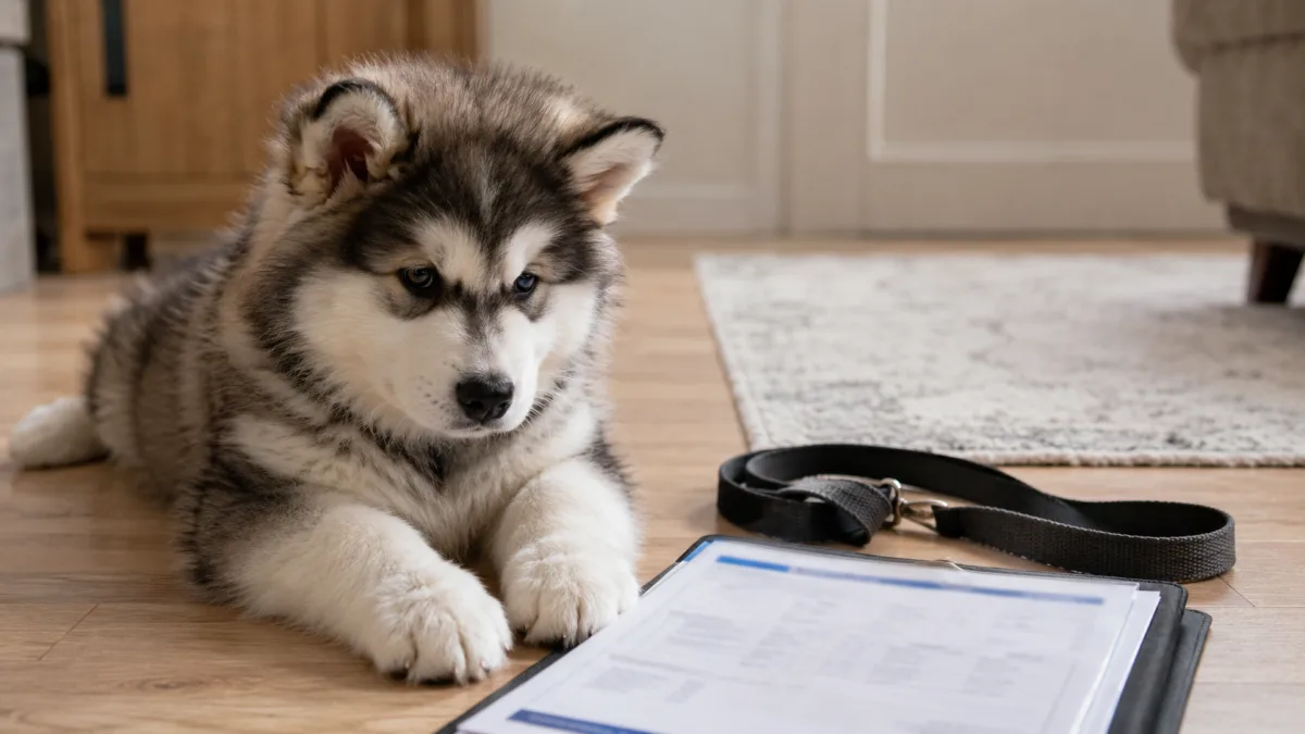 Alaskan Malamute puppy beside health documents
