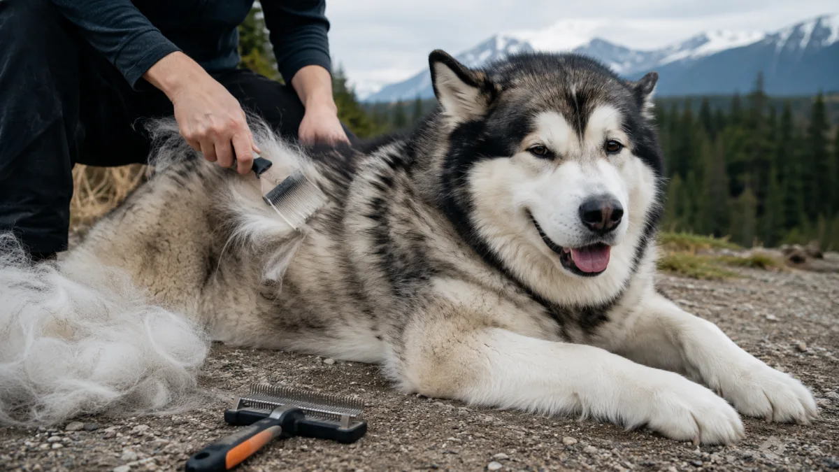 Alaskan Malamute being brushed during coat blow