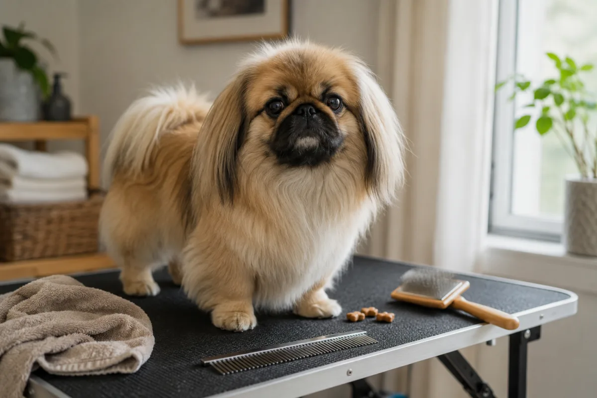 Pekingese grooming setup with comb and towel