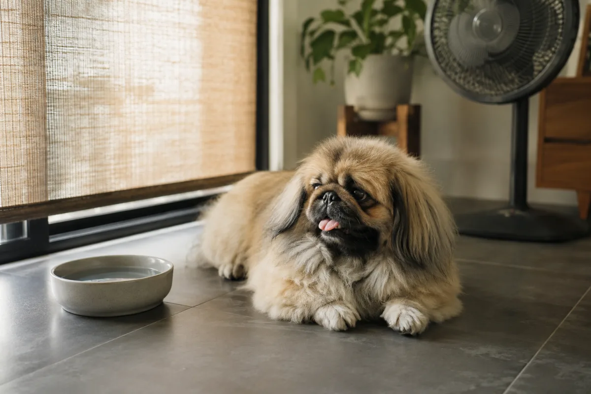 Pekingese resting in a cool room beside water