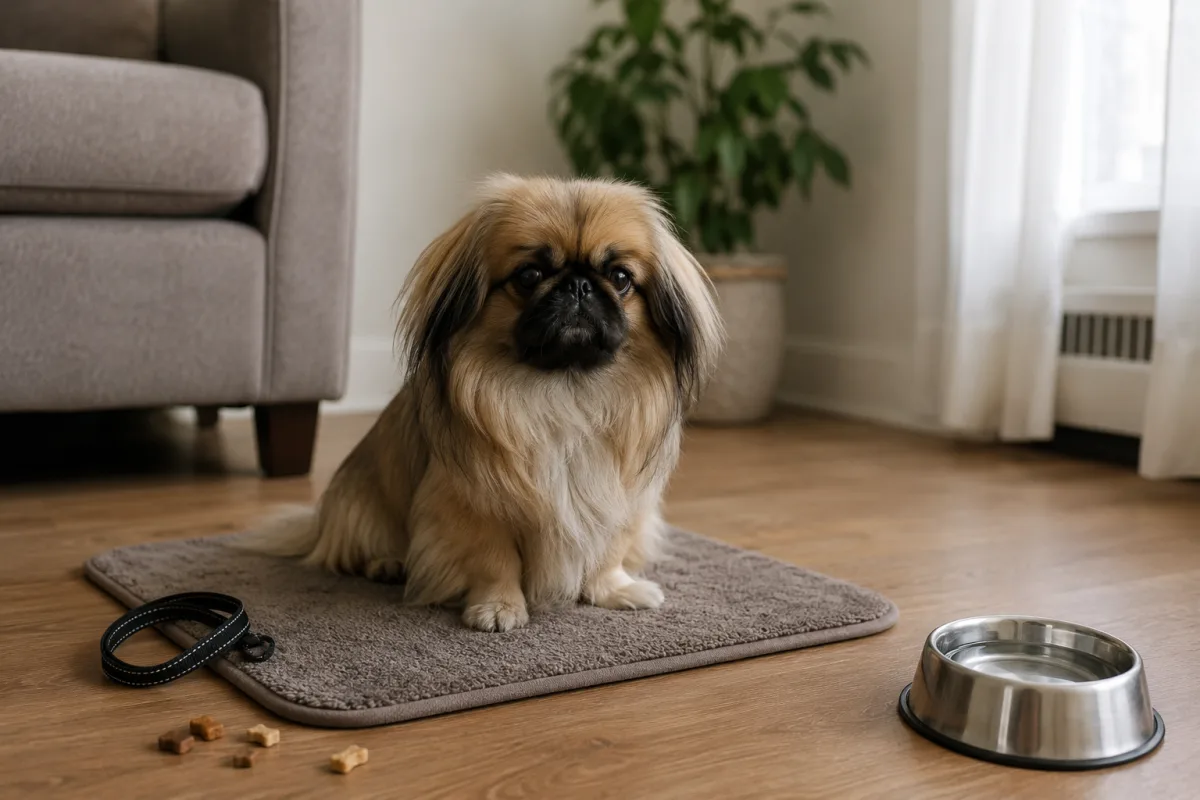 Pekingese reward training on a small mat