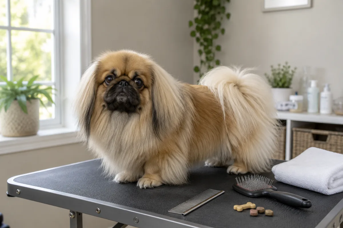 Pekingese grooming tools beside a small long-coated dog