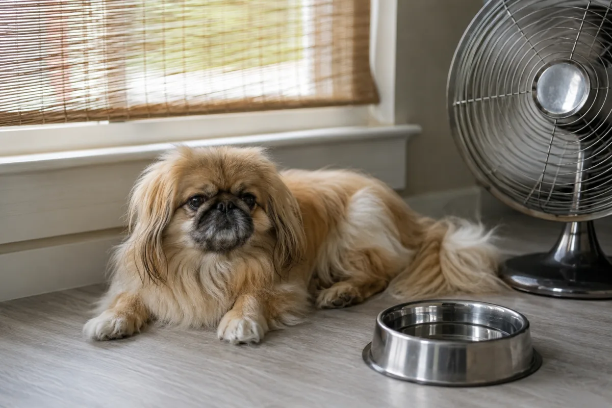 Pekingese resting indoors near water in a cool room