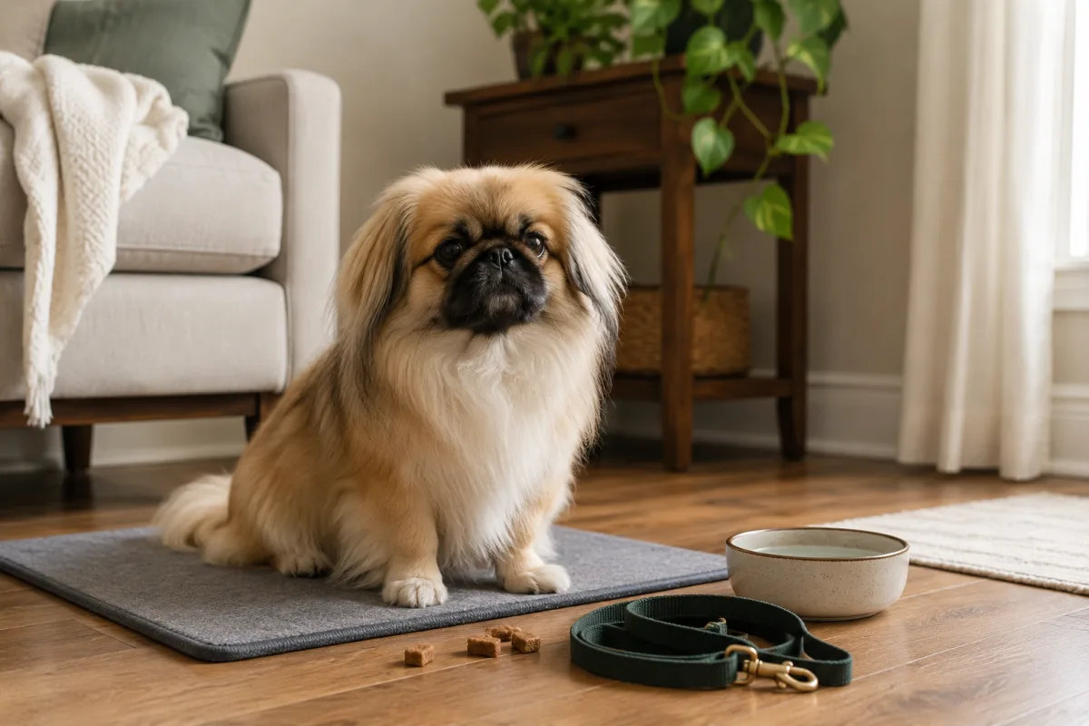 Pekingese practicing reward-based training on a mat