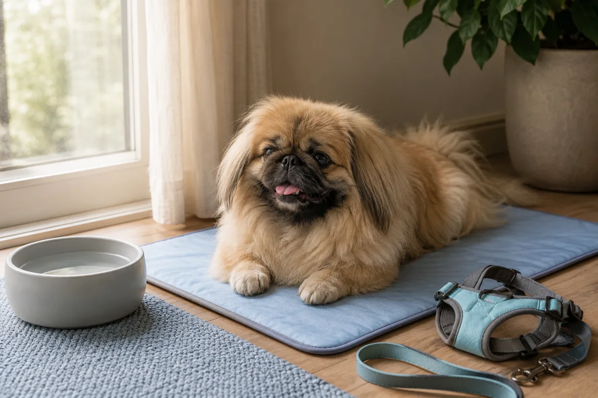 Pekingese resting in a cool room with water nearby