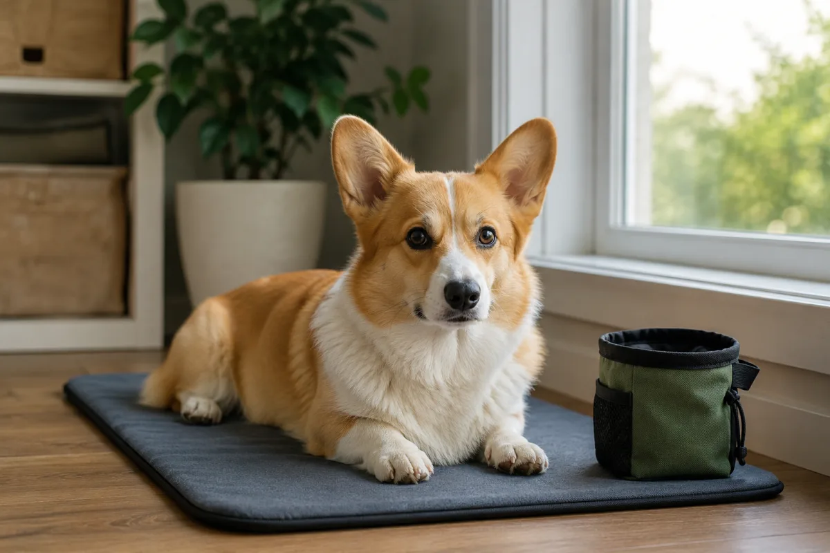 Pembroke Welsh Corgi practicing quiet mat training near a window