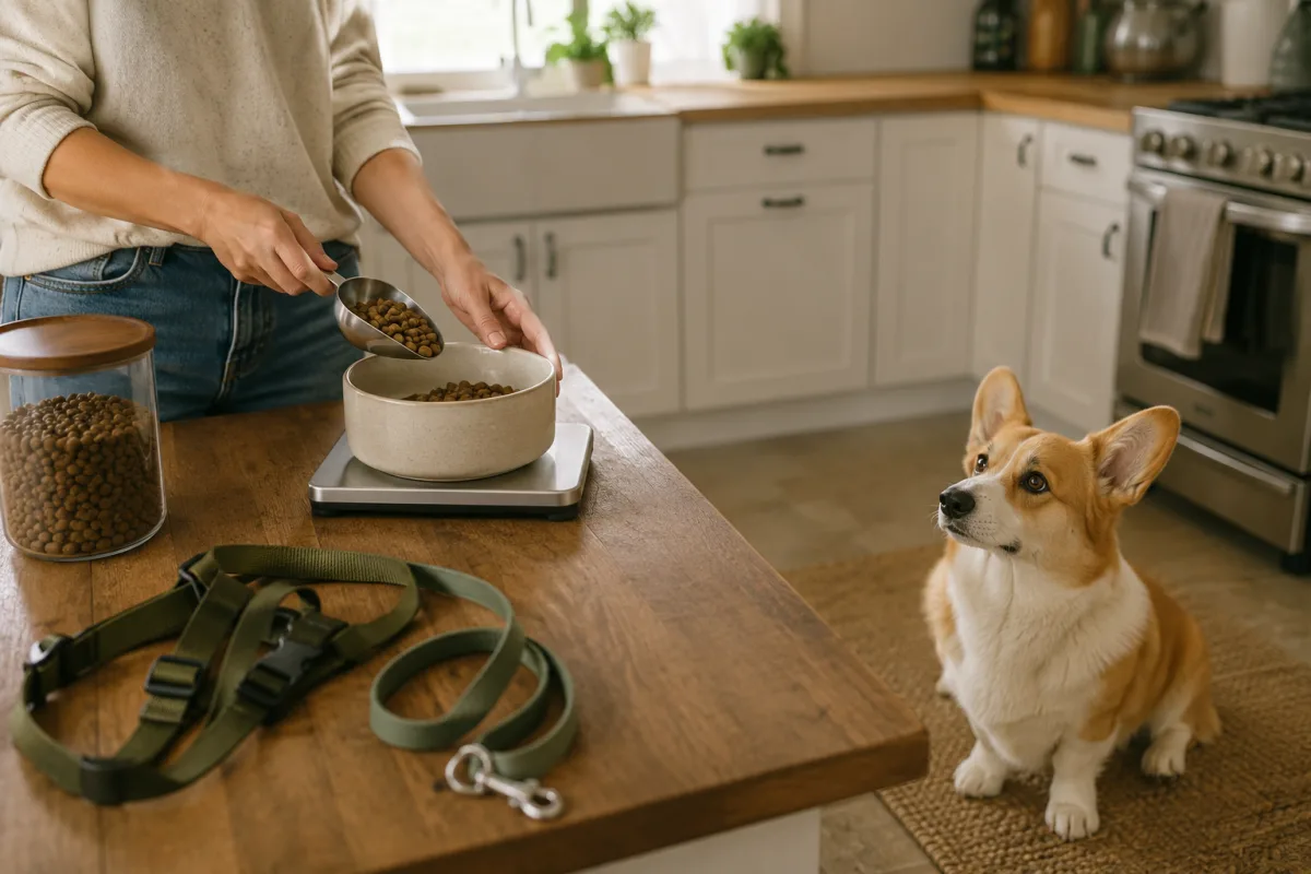 Corgi measured meal and walking gear on kitchen floor