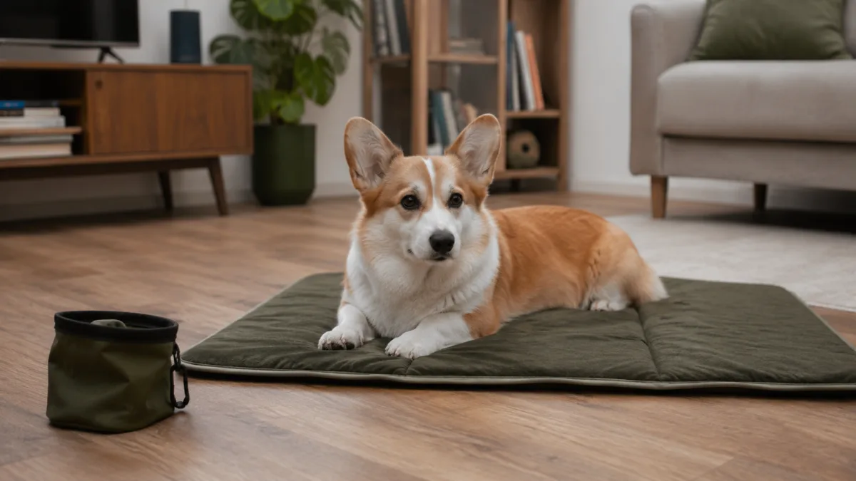 Pembroke Welsh Corgi practicing mat settle