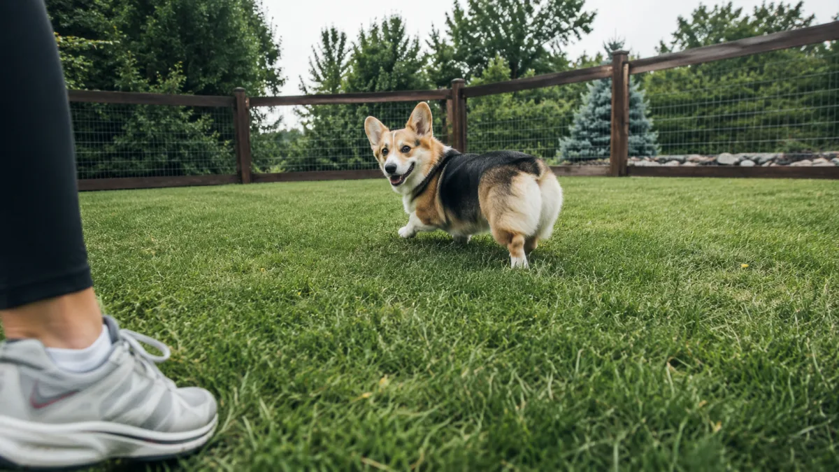 Corgi training recall away from moving feet