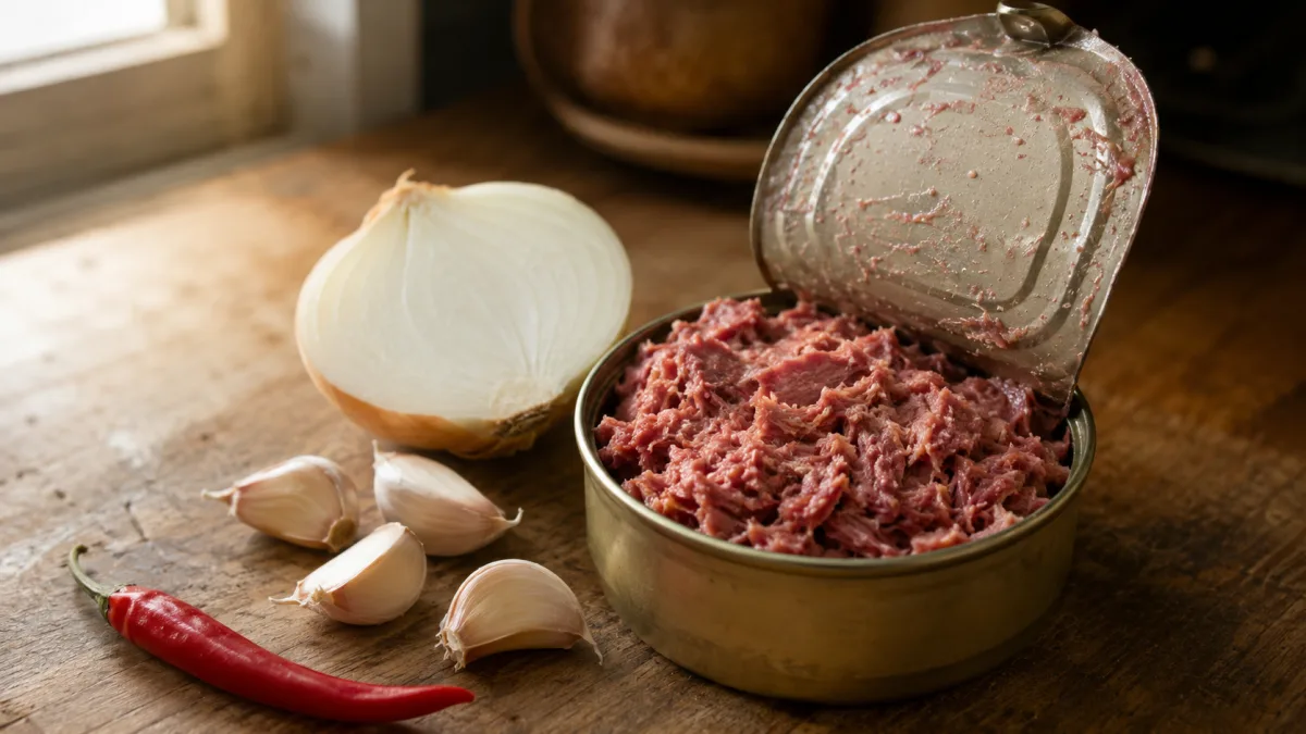 Open can of Filipino-style corned beef next to raw garlic, onion, and a small red chili on a wooden kitchen surface