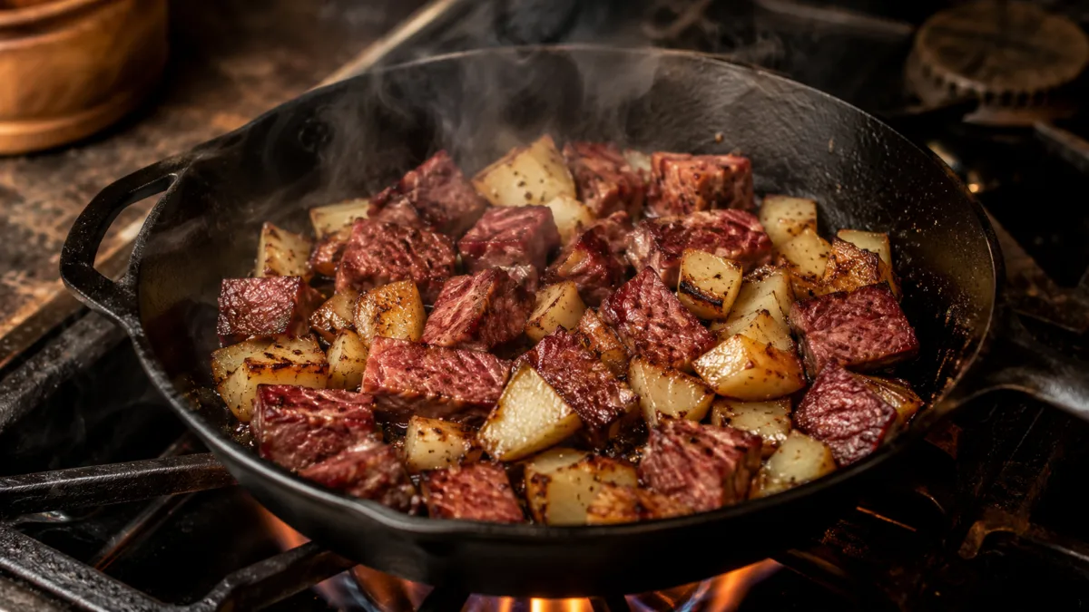 Pan-fried Filipino corned beef with golden potatoes sizzling in a cast-iron skillet