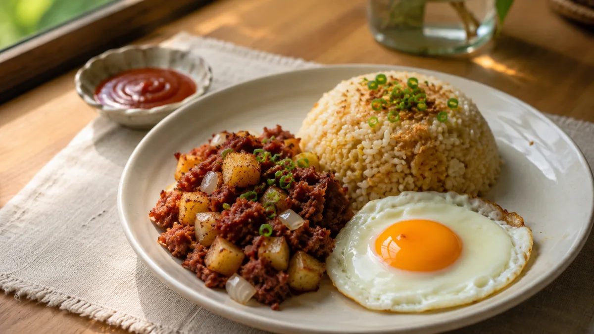 Filipino breakfast plate with corned beef guisado, garlic fried rice, and a fried egg