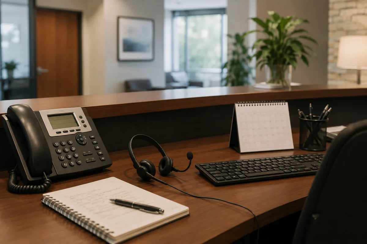Secretary answering an office phone with call notes nearby