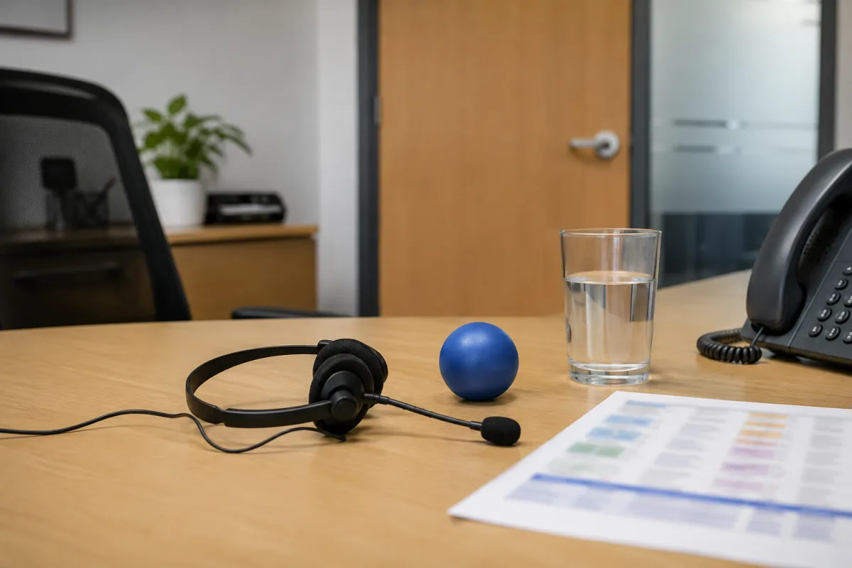 Calm office call handling setup with headset and notes