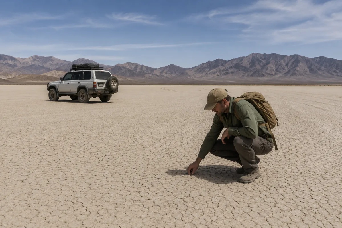 Dry Nevada lake bed with desert mountains for meteorite hunting
