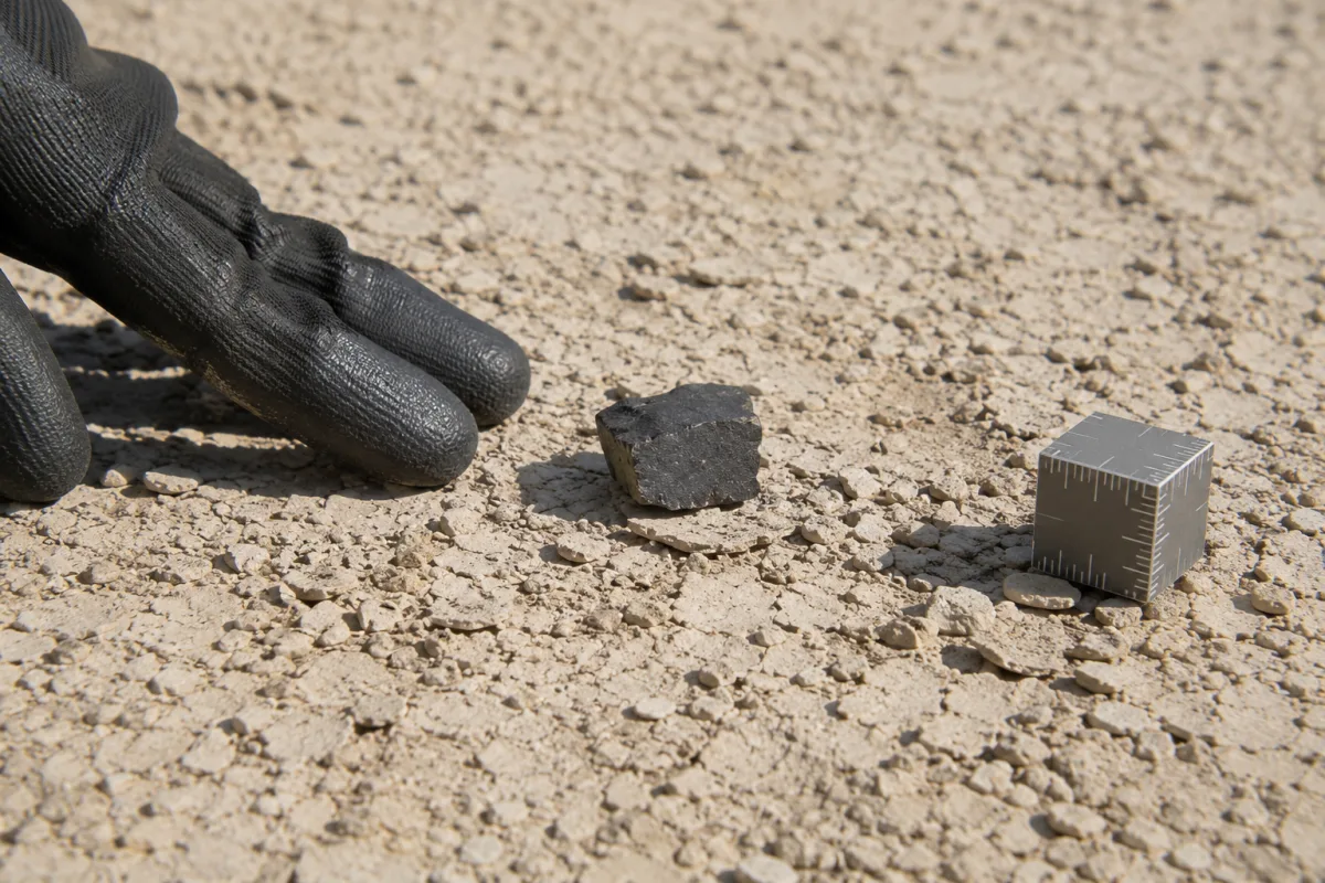 Dark candidate meteorite photographed in place on desert ground