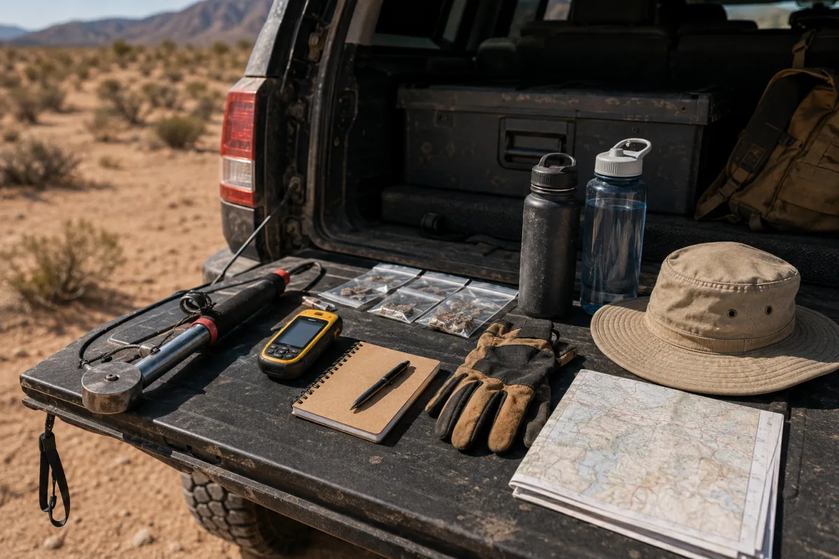 Meteorite hunting tools arranged for a Nevada desert trip