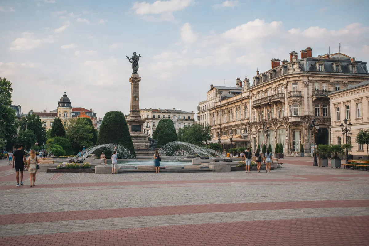 Freedom Square in Ruse Bulgaria with historic buildings