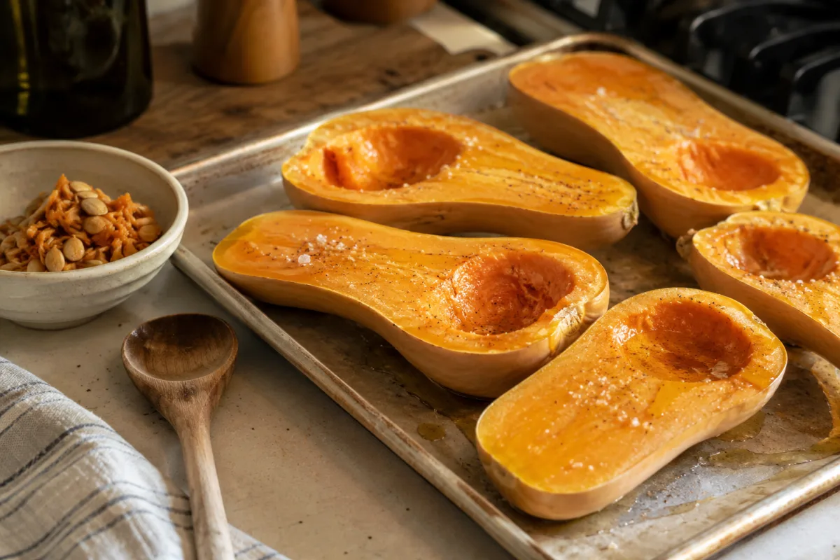 Winter squash halves ready for roasting