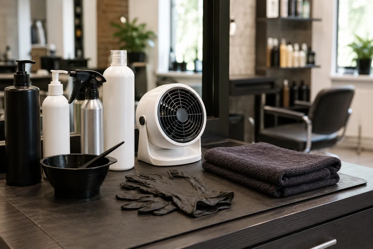 Salon product bottles and ventilation fan