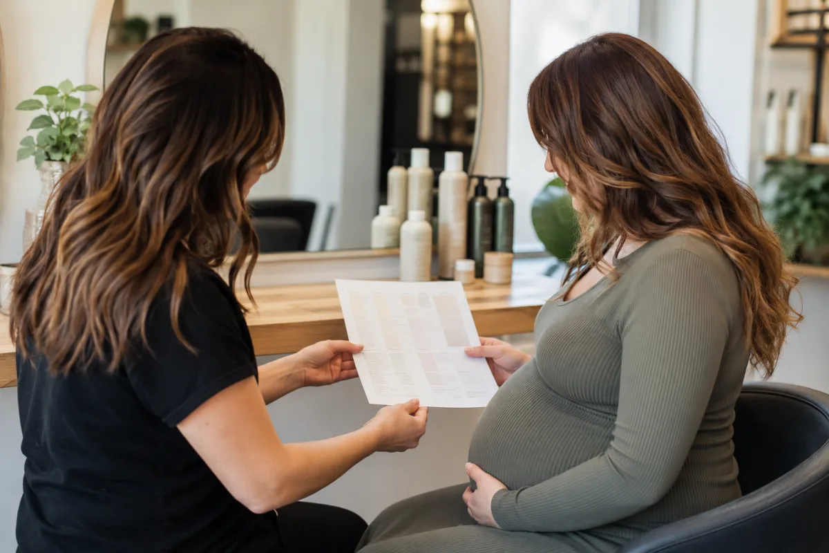 Pregnant client discussing hair relaxer product at salon