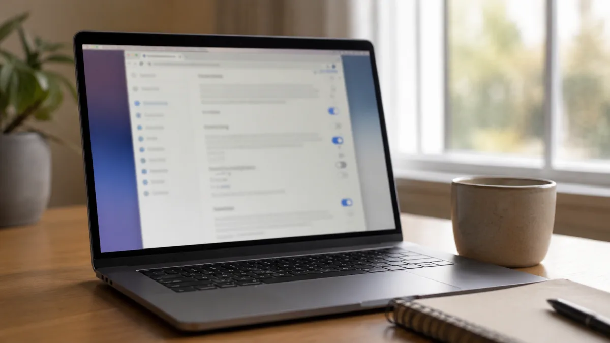Laptop on a desk with browser privacy controls and a notebook