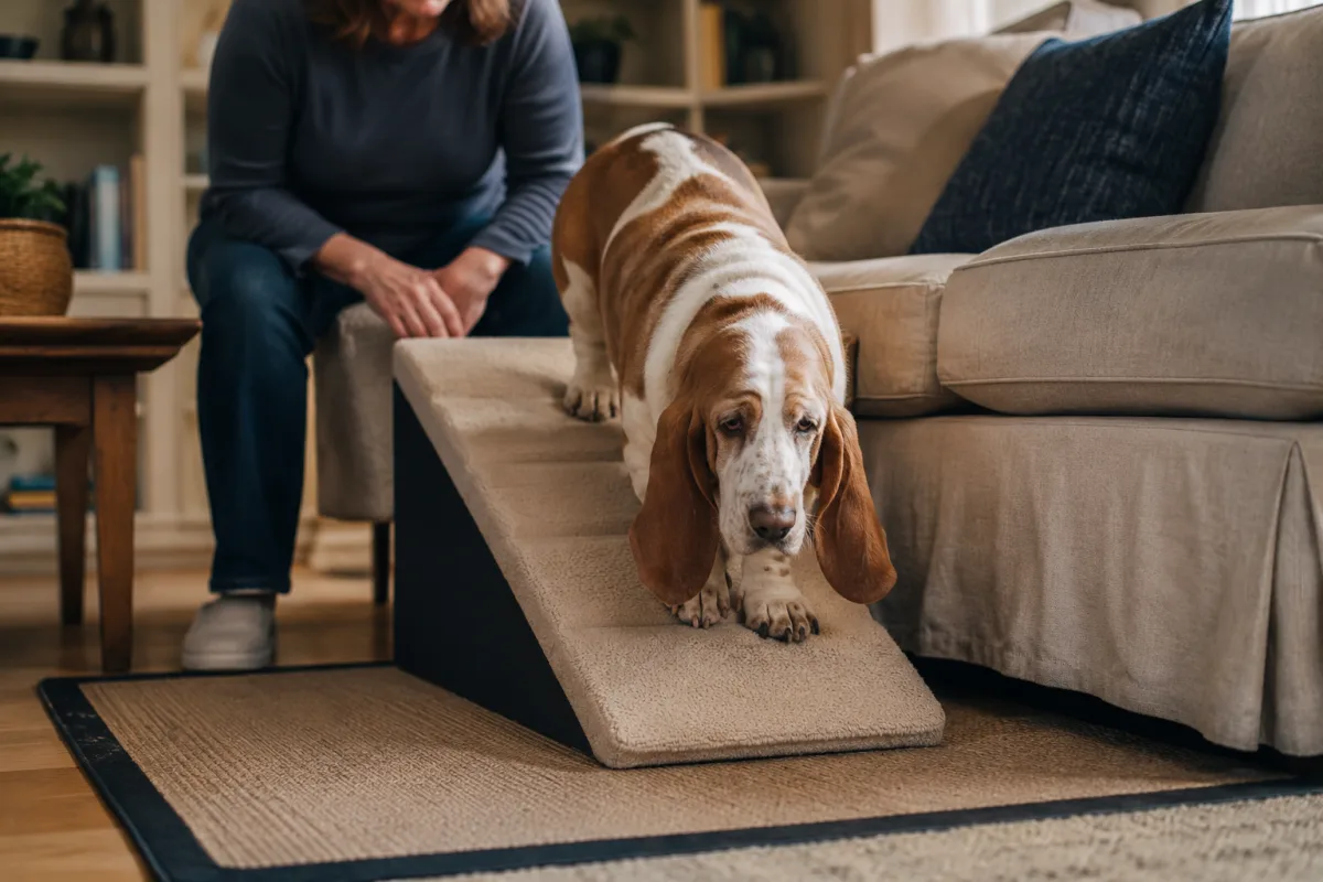 Basset Hound using low ramp to protect joints