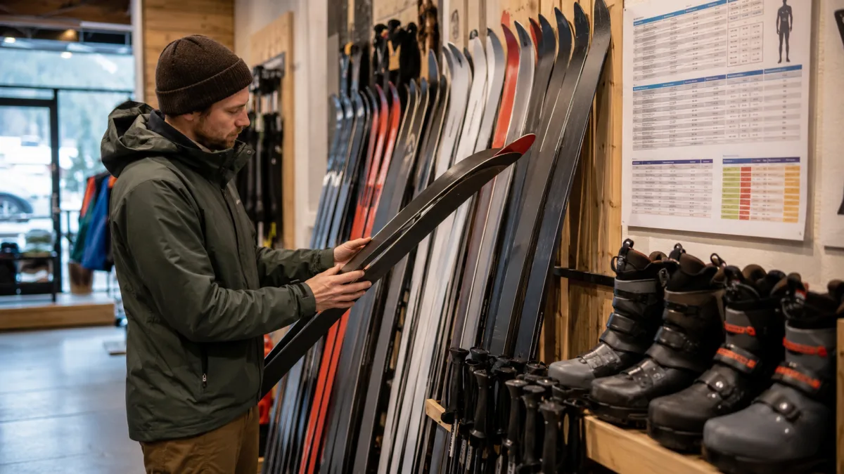 Skier checking cross country ski size chart in a shop