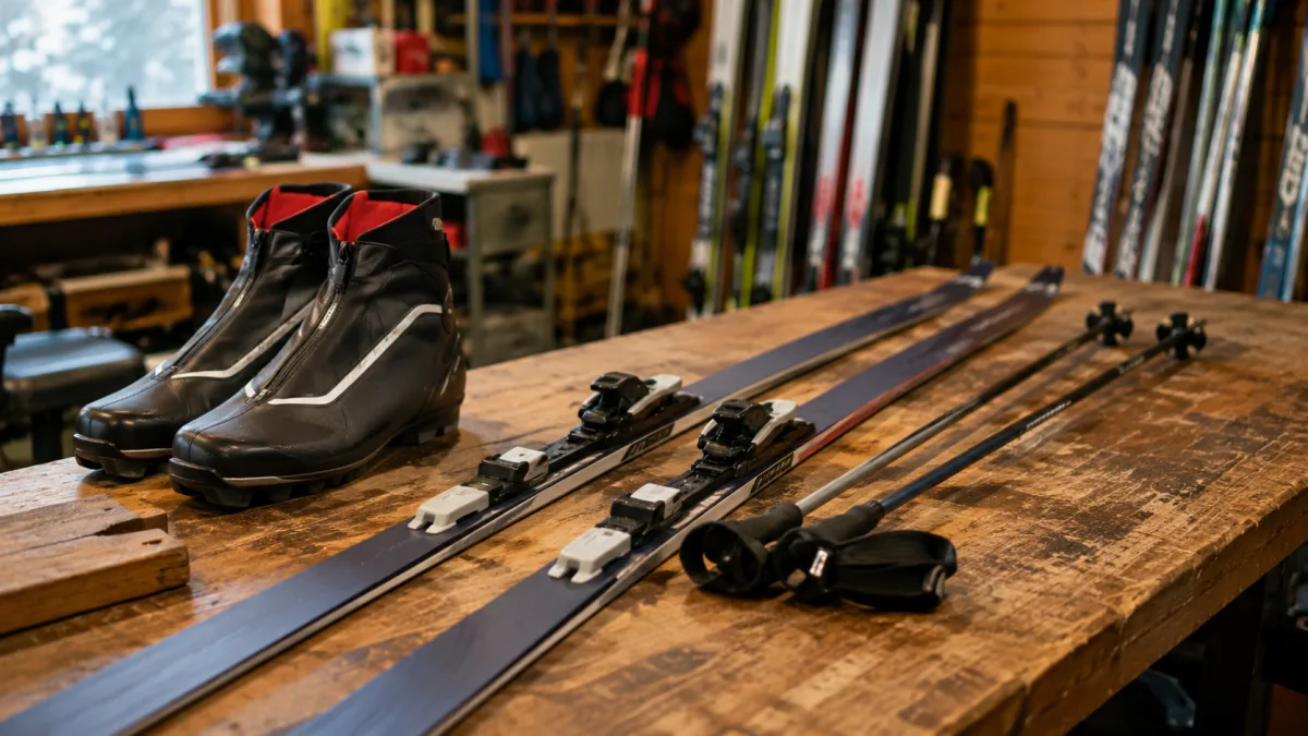 Cross country ski rental fitting with boots and poles