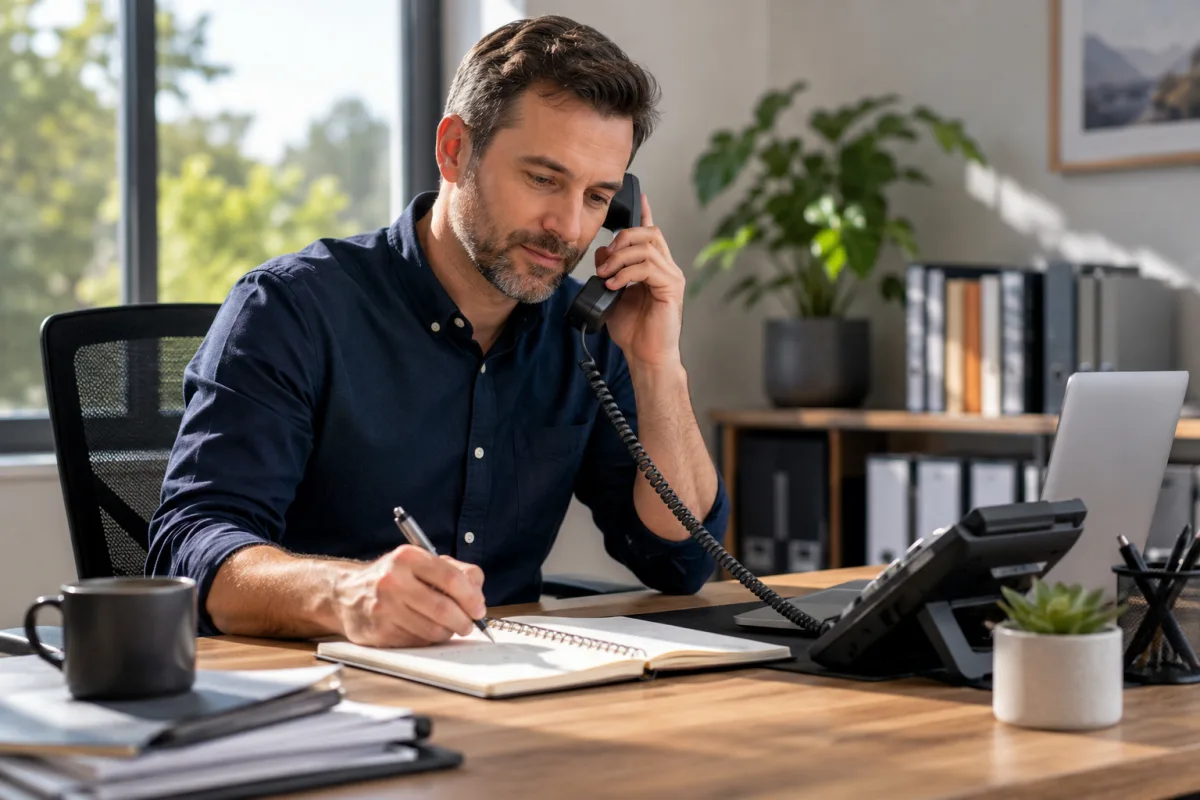Office employee taking a professional phone call