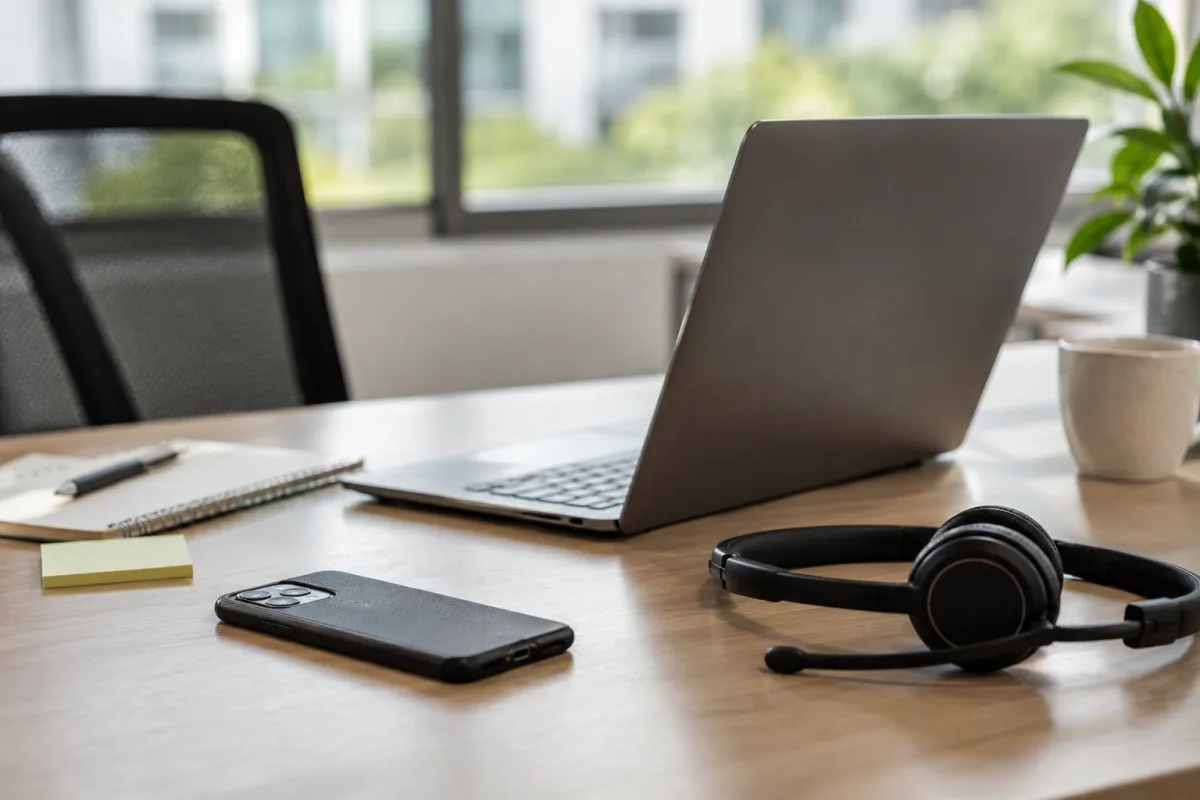 Silent smartphone beside laptop in workplace
