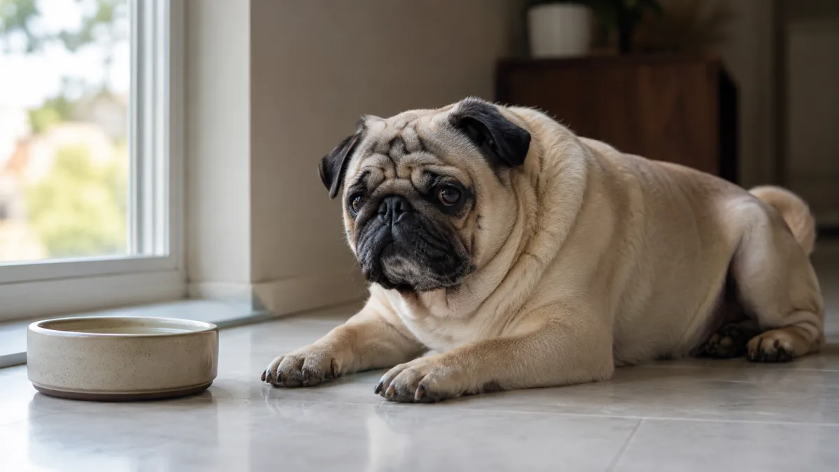 Pug resting in cool indoor setting