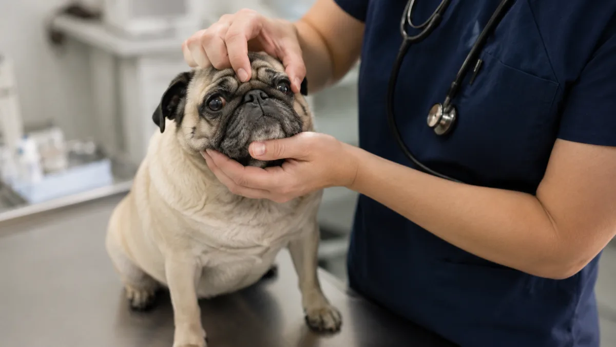 Pug veterinary eye and breathing check
