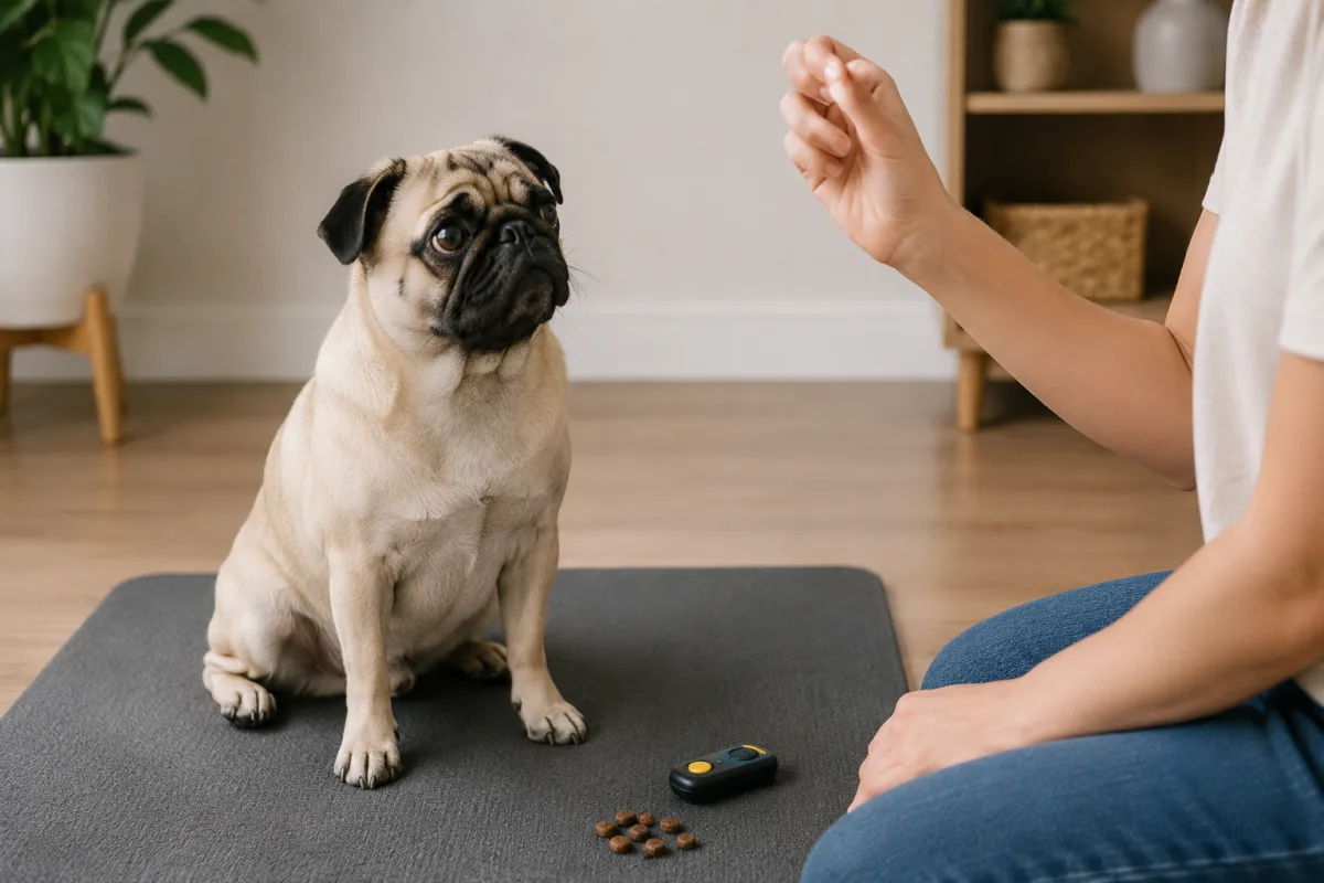 Pug practicing a short indoor training session