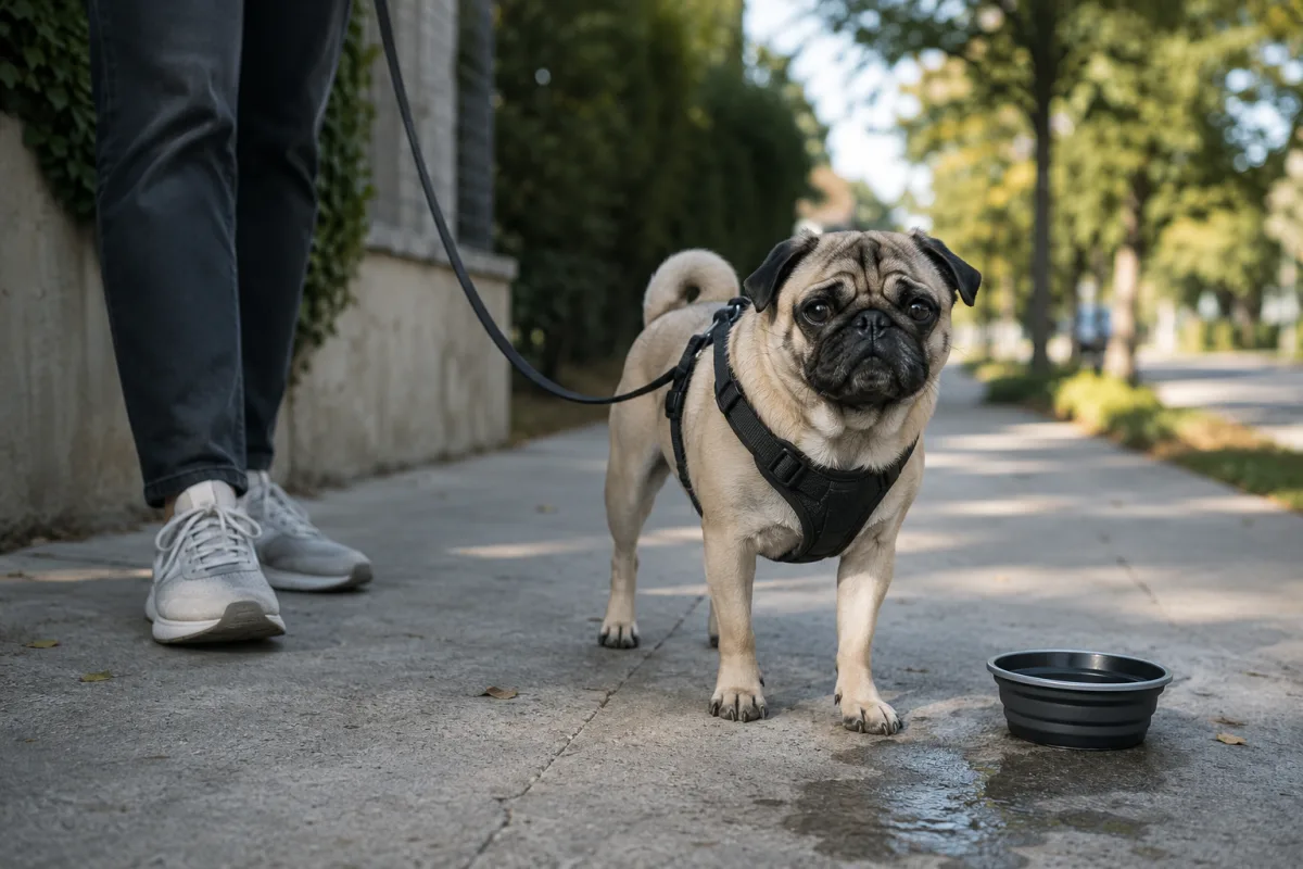 Pug walking in body-clip gear during a cool morning