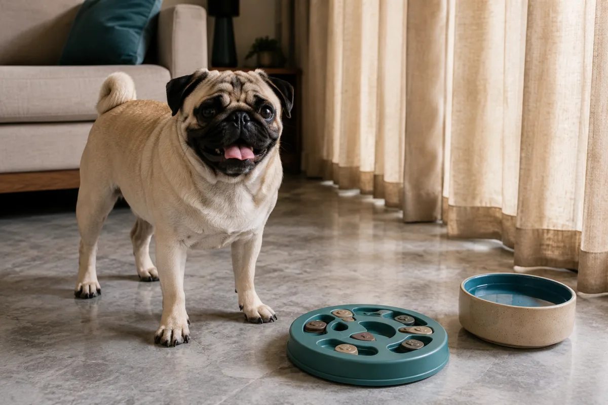 Pug doing indoor enrichment during hot weather