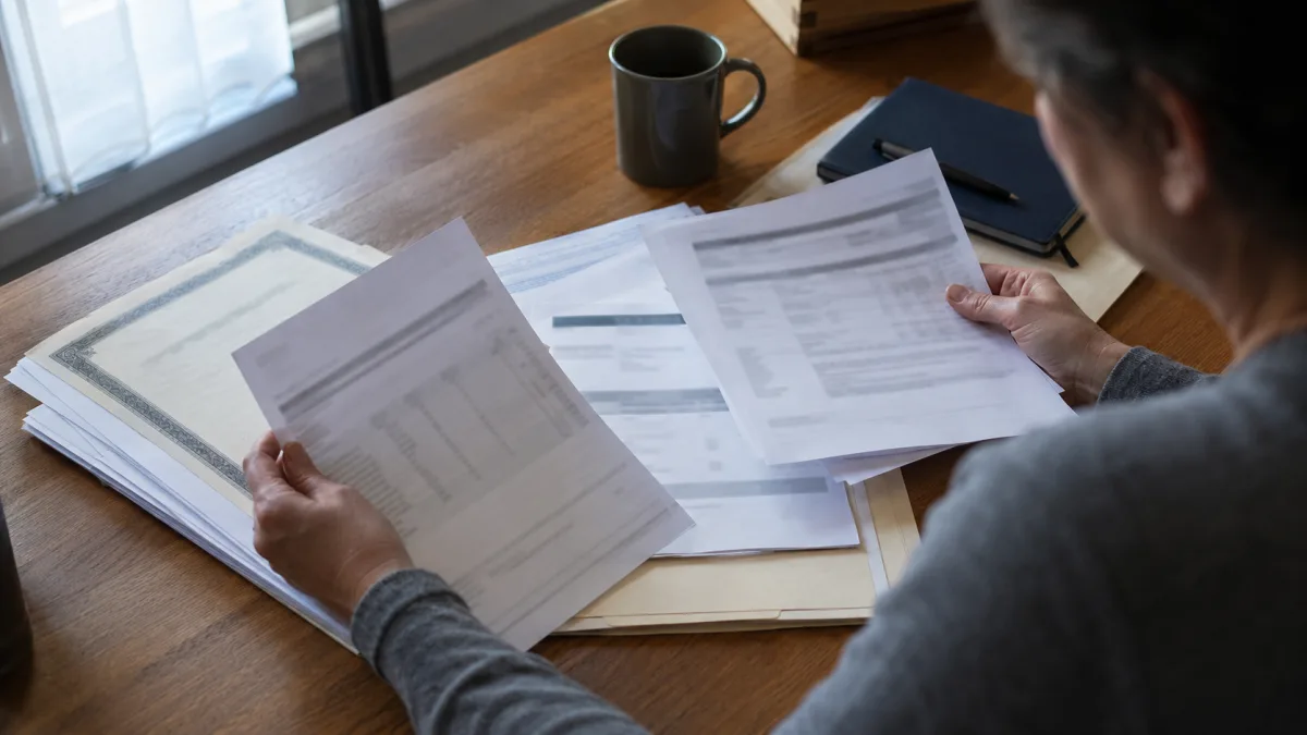 Person organizing estate planning documents including financial statements and property deeds on a wooden desk