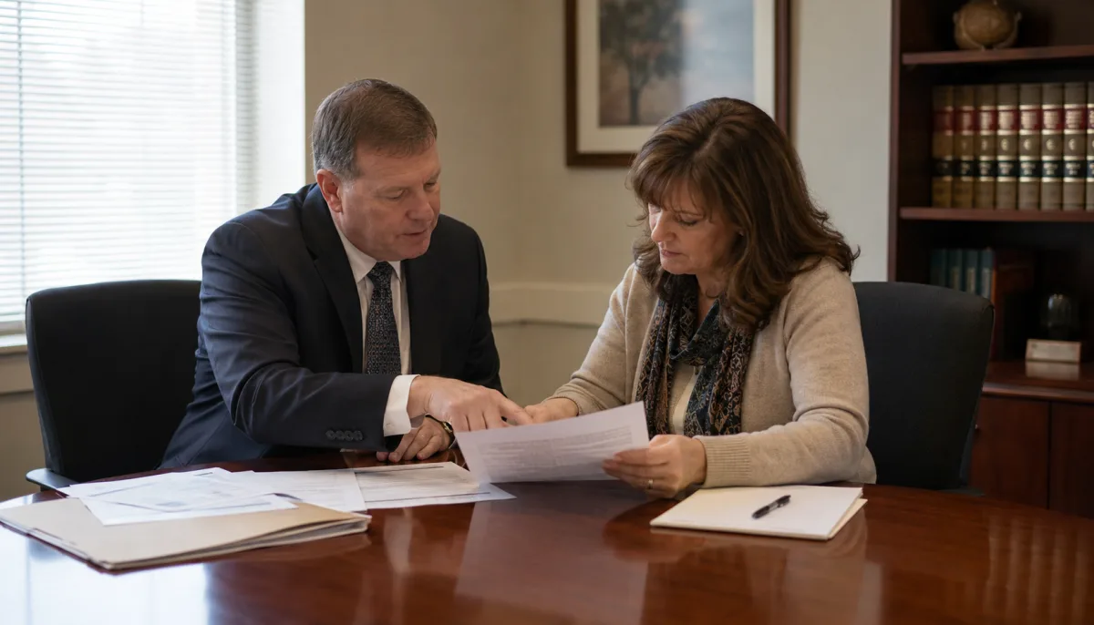 Attorney and client reviewing estate planning documents and fee agreement in a law office
