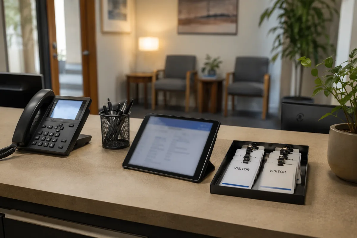 Professional reception desk with visitor sign-in and phone