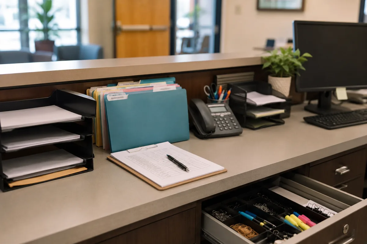 Office support checklist with mail tray and labeled folders