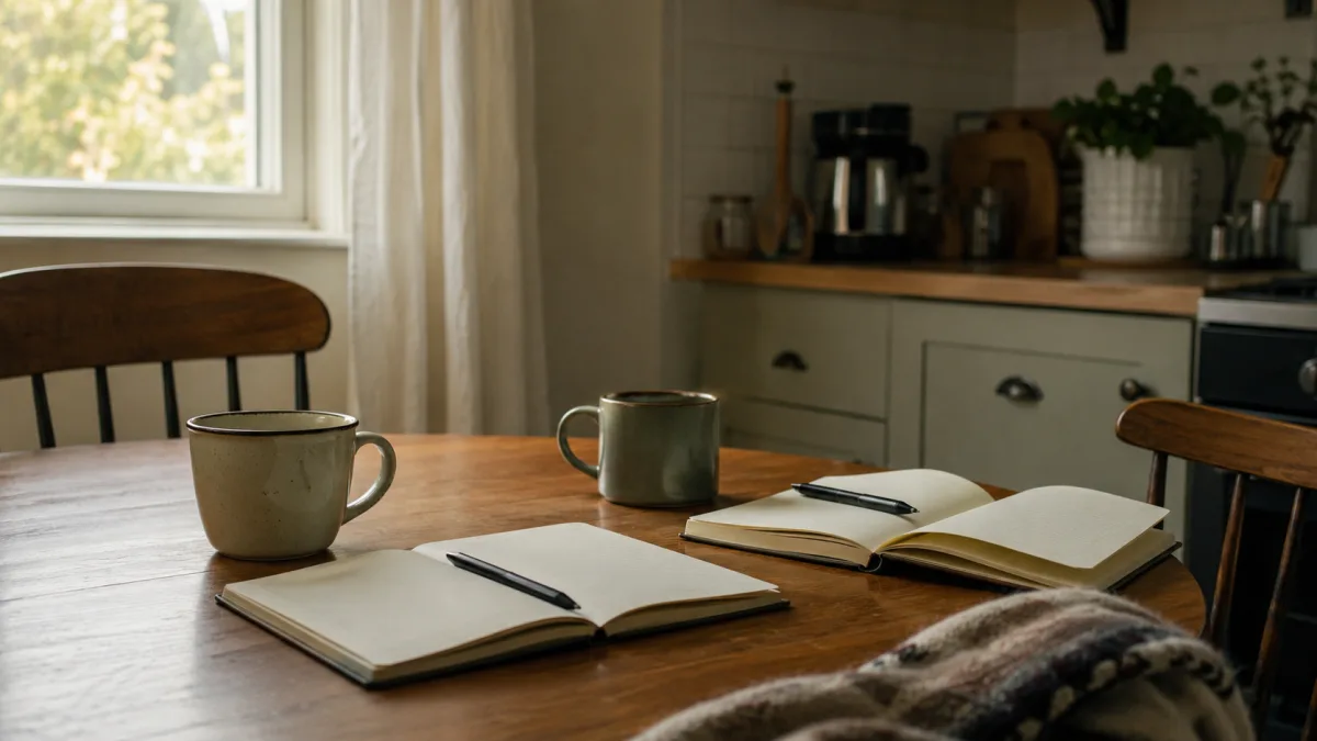 Two mugs and notebooks on a quiet kitchen table