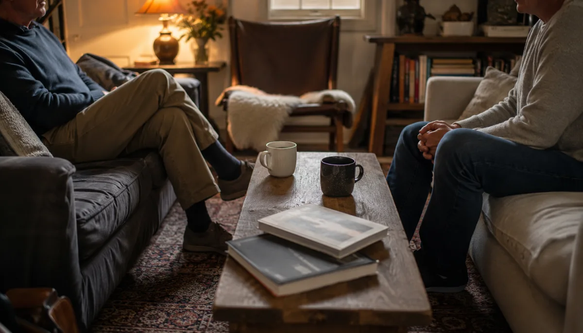 Couple sitting across from each other in a calm living room