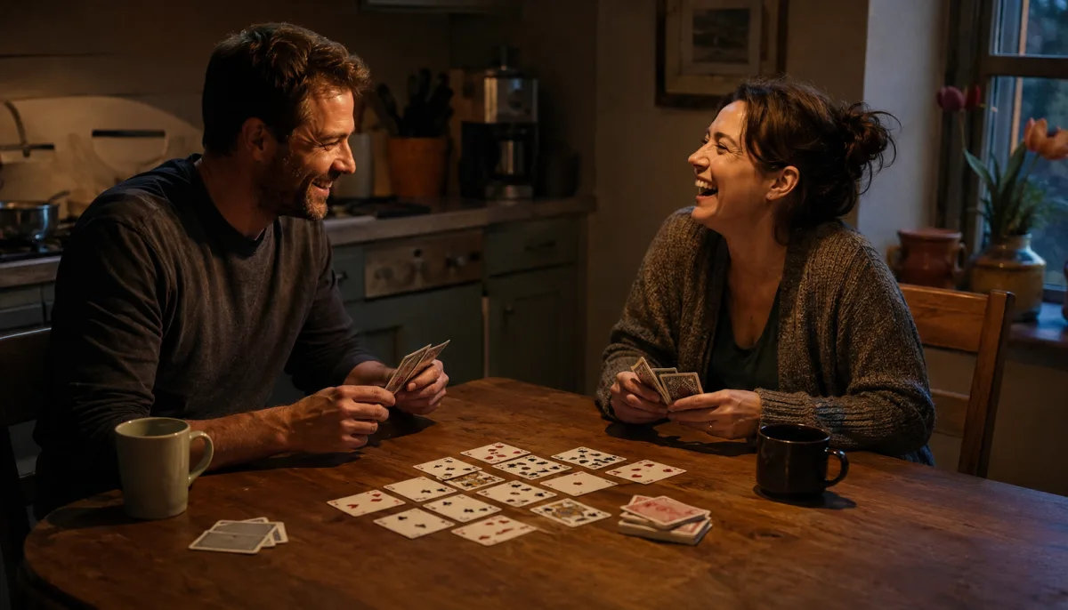 Couple laughing together at a kitchen table while playing cards