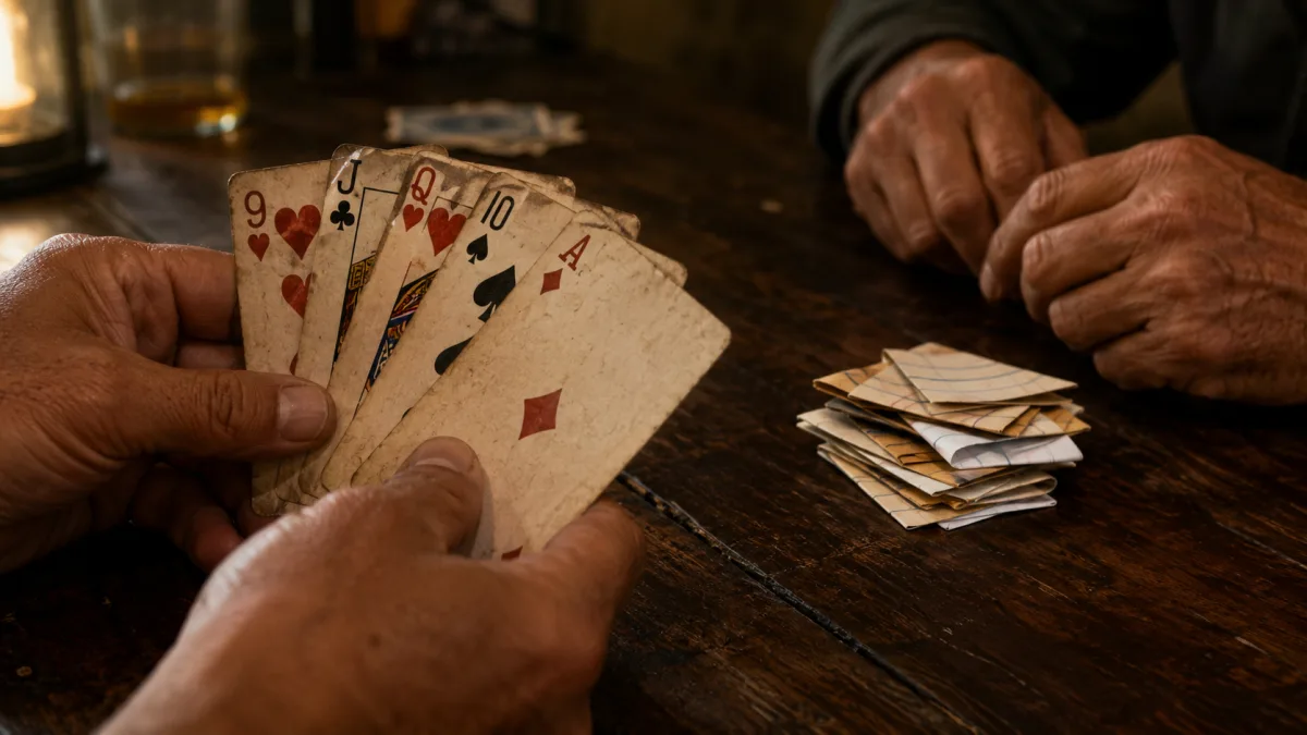 Hands holding playing cards with folded paper slips on a table