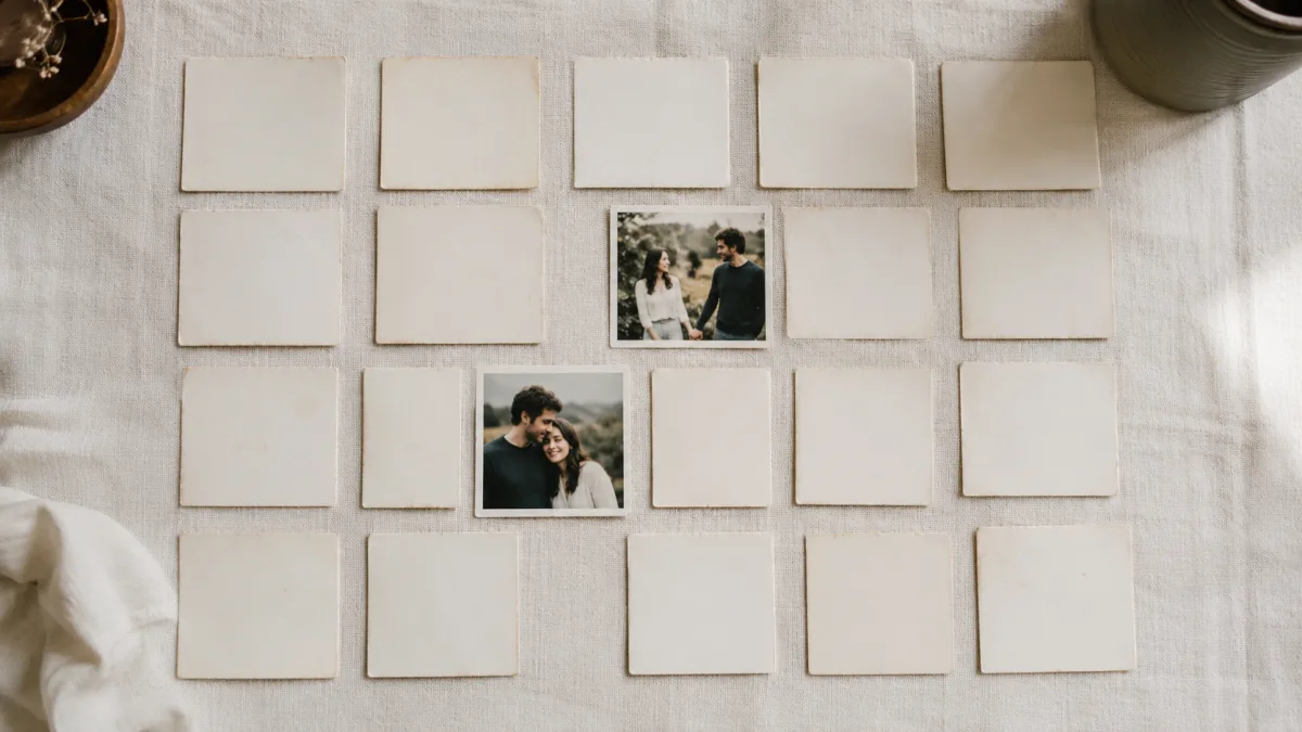 Grid of small printed photos face-down on a table ready for a memory card game
